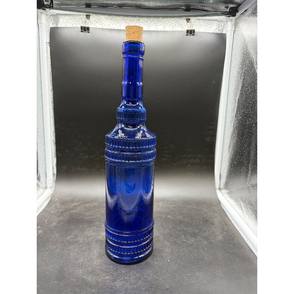 Himark Cobalt Blue Glass‎ Bottle with Cork Made in Spain Ribbed Decanter 15-6088